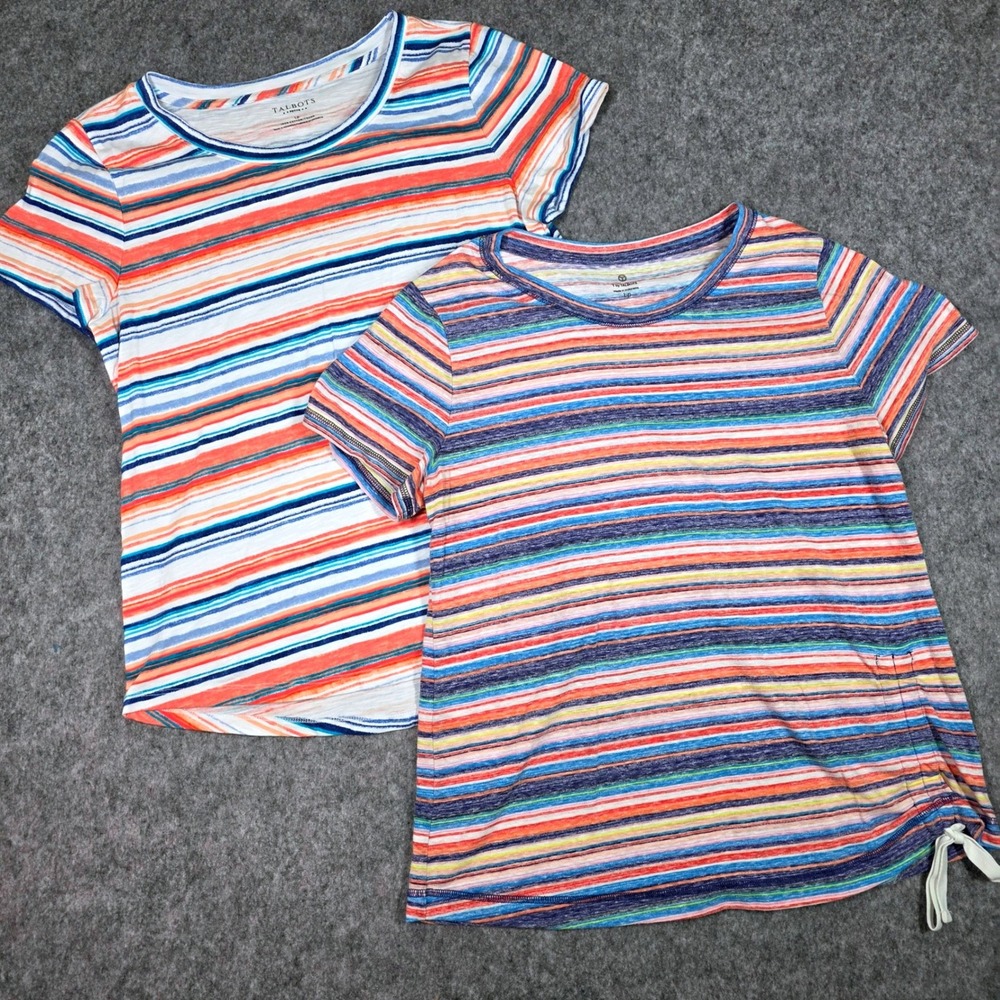 Lot 2 Talbots Jersey Side Drawstring Tee Stripe Shirt Round Hem Petite Large Top
